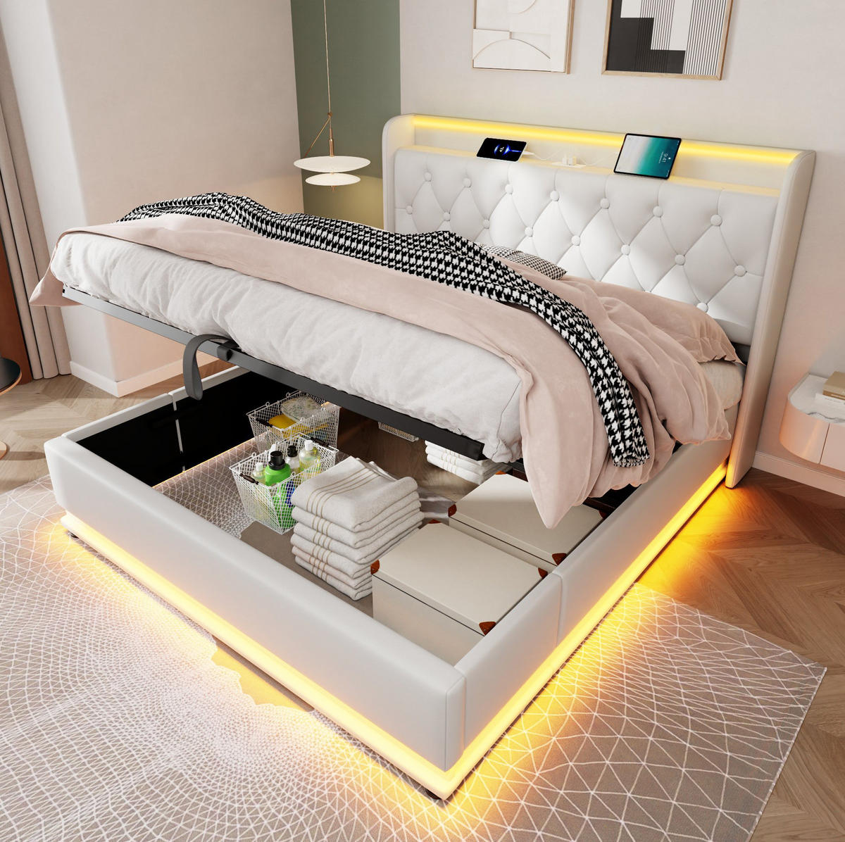 POLSTERBETT mit LED und Stauraum 180x200 cm PU White - Weiß, Metall (180/200cm) - Meubliv