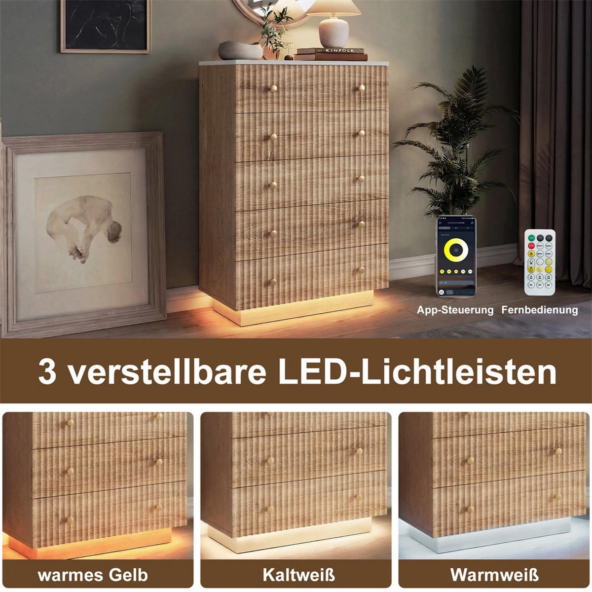 KOMMODE mit 5 Schubladen - stimmungsvolle 3-Farben-LED-Beleuchtung - natürliche Holz-Optik - Eichefarben, Holzwerkstoff (73/111/40cm) - DELFA