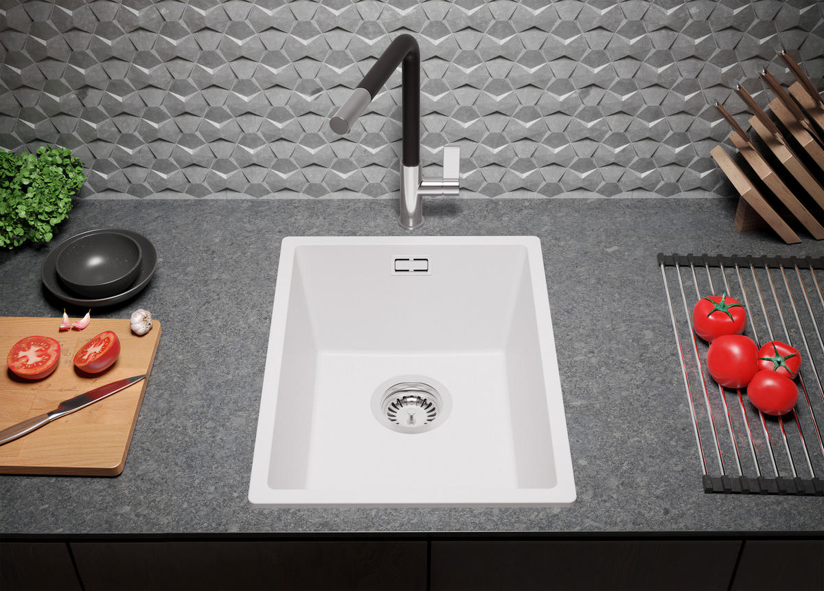 GRANITSPÜLE London Slim, 2-er set Alles Weiß 36/47 cm 1 Becken + Küchenarmatur 38/14 cm + Ablauf-Set ab 40er Unterschrank - Weiß, Kunststoff (36/20/47cm) - Primagran