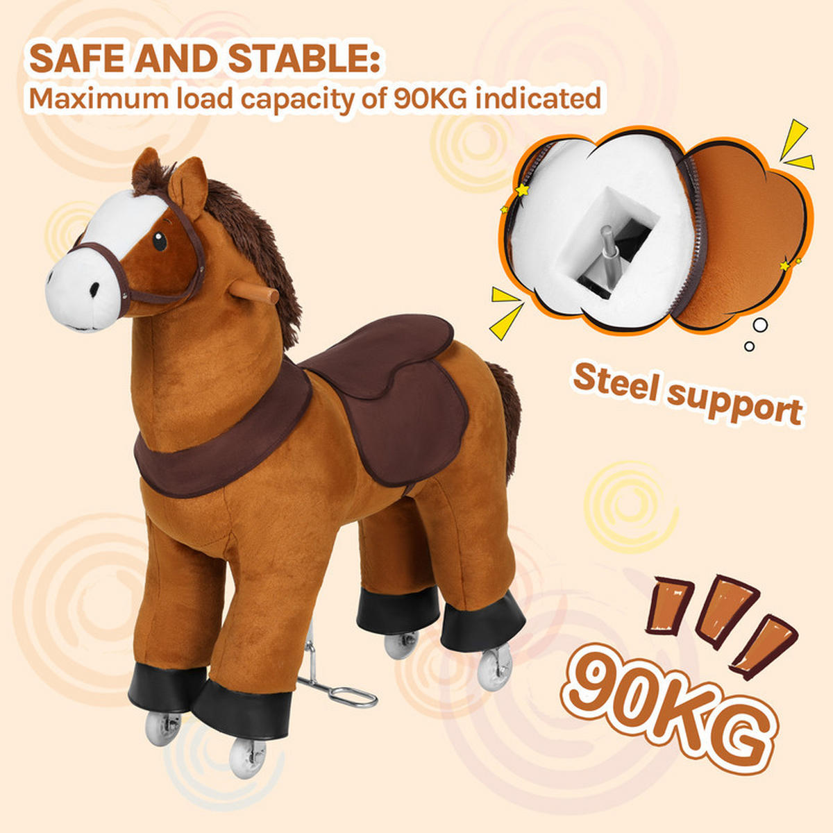 SCHAUKELPFERD Kinder – mit Sound und Rollen - Braun, Holz (30/77/80cm) - Auledio