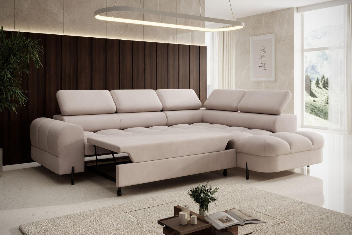 ECKSOFA BOWL L Rechts mit Schlaffunktion 125x195 Velours Creme - Creme/Schwarz, Holz/Textil (195/260cm) - Muffo