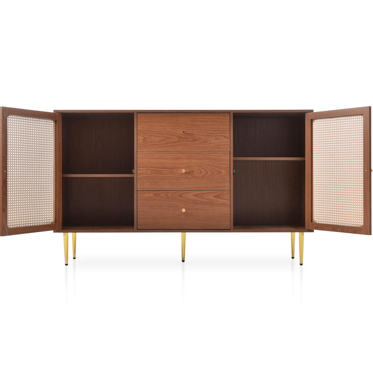 KOMMODE 150/40/90 cm in Nussbaum mit 2 Türen, 3 Schubladen und verstellbarem Fachboden - Naturfarben, Metall (150/90/40cm) - Flora Grace