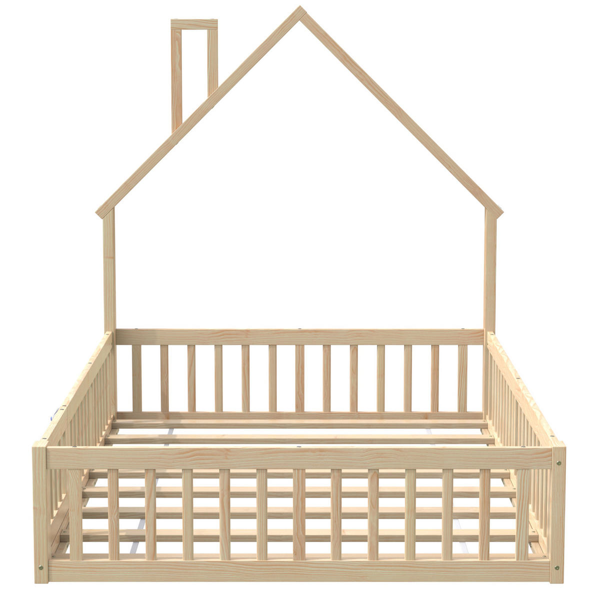 HAUSBETT 140/190 cm aus Kiefernholz – mit Schornsteinform und Sicherheitsgitter - Naturfarben, Holzwerkstoff (140/190cm) - BEAOK