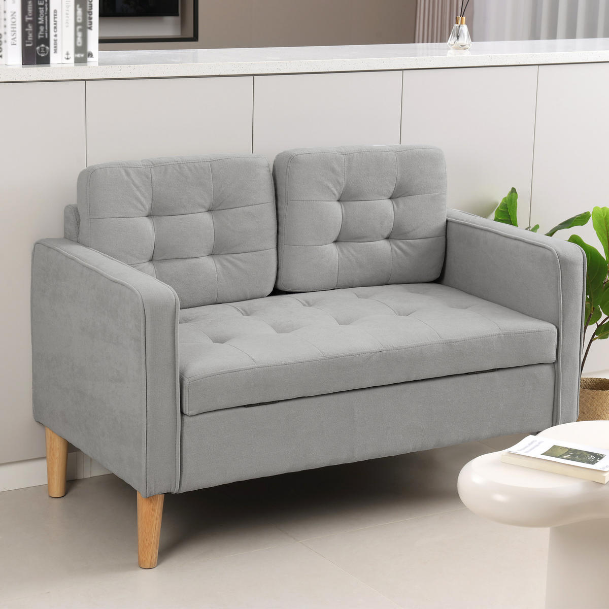 2 Sitzer Sofa, Couch mit Stauraum, Holzbeine, Gepolsterter Polstersofa, Hellgrau - Hellgrau/Naturfarben, Holz/Textil (62/78/117cm) - HOMCOM