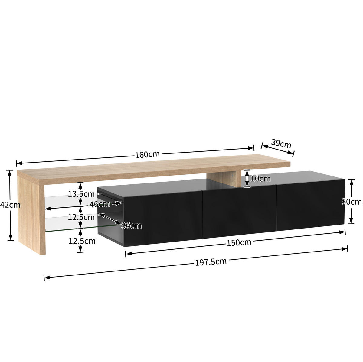 TV-LOWBOARD 197,5/39/42 cm mit 3 Türen und LED-Beleuchtung - Naturfarben, Holzwerkstoff (197.5/42/39cm) - BEAOK