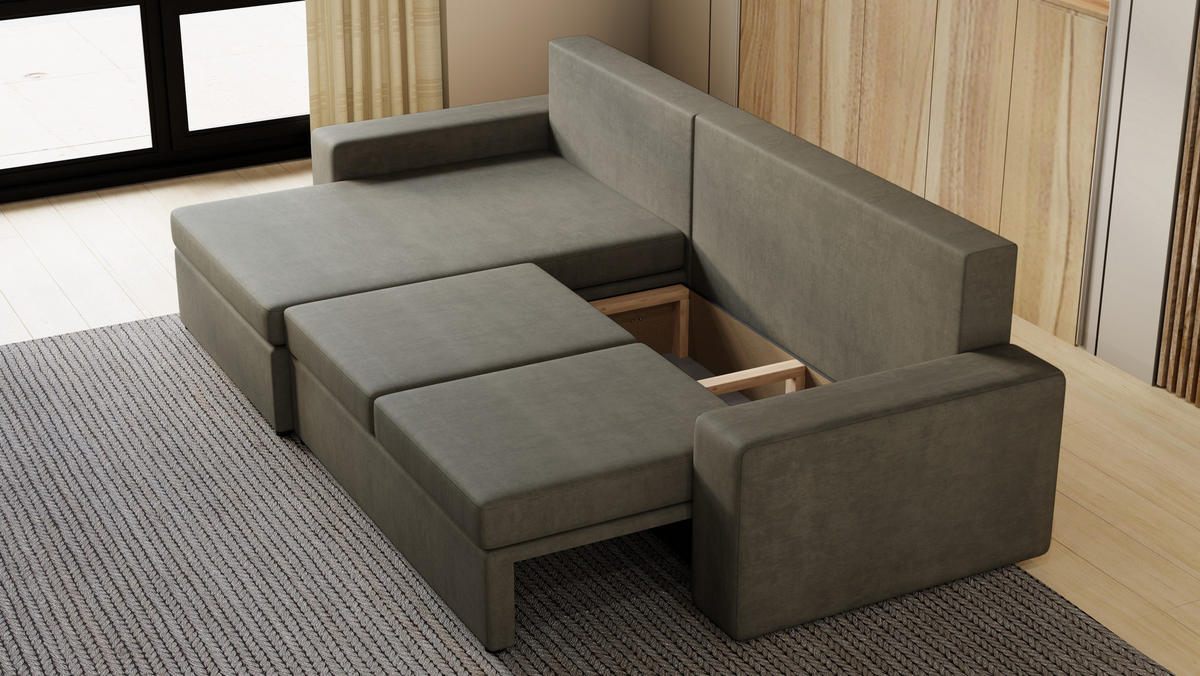 ECKSOFA Paco mit Bettkasten und Schlaffunktion, L-Form/XL-Form, Velourstoff, Universal - Hellgrau, Holzwerkstoff (276/145cm) - 4ALL HOME