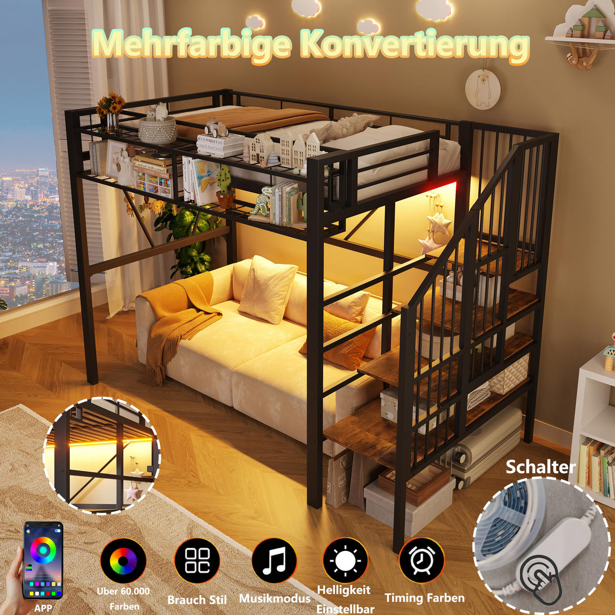 HOCHBETT 90/200 cm in Schwarz mit Stufenregal, Gitterelementen, Stauraum und LED aus Metall und MDF - Schwarz, Metall - STILVORA