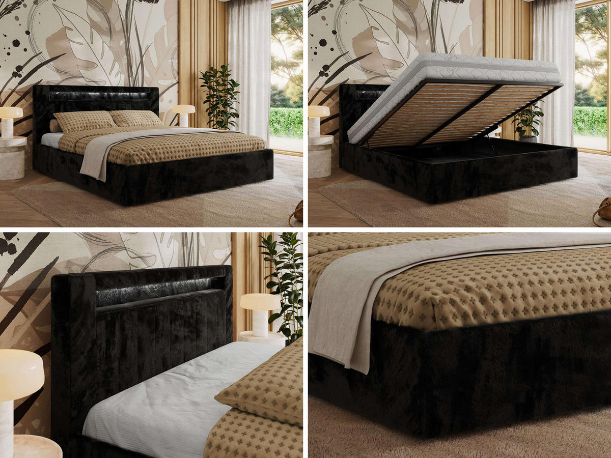 POLSTERBETT GOLD 5 CLASSIC 200/200 - Schwarz Plüsch - ohne Matratze - Schwarz, Textil (200/200cm) - MKS