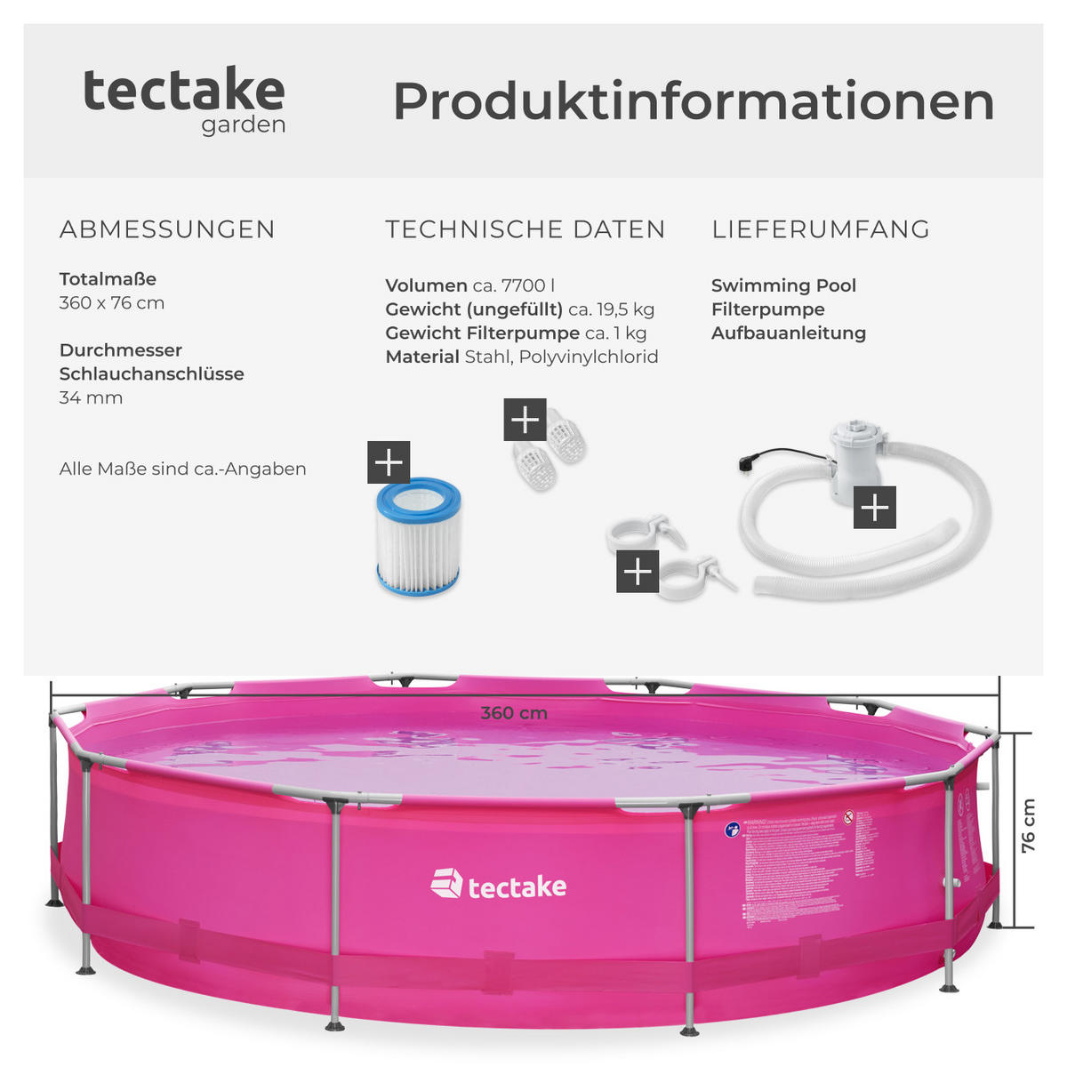 SWIMMING POOL Summertime,360 x 76 cm,pink - Pink, Metall (360/76/360cm) - tectake