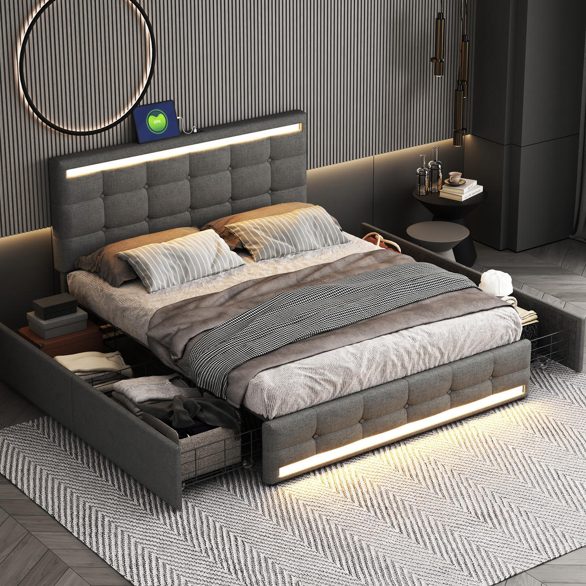 POLSTERBETT 140x200 cm LED USB Schubladen grau - Grau, Textil (140/200cm) - LEBENLANG