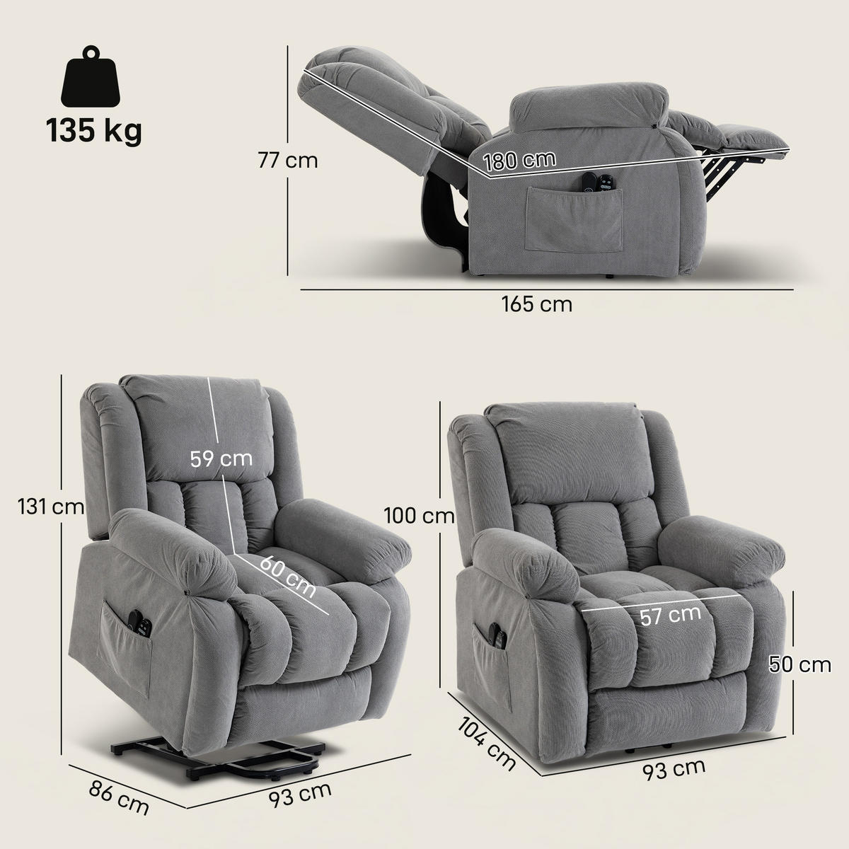 SESSEL Massagefunktion Aufstehhilfe 93/104/100 cm - Ahornfarben, Textil (104/100/93cm) - PANGIVO