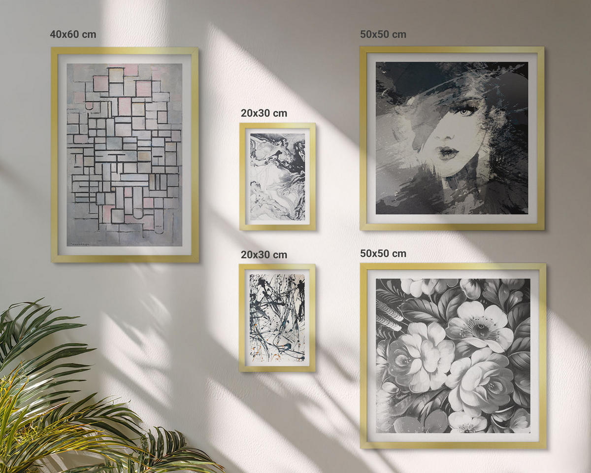 WANDBILDER 5er Set - 50x50 cm & 20x30 cm & 40x60 cm Goldrahmen - Abstrakte schwarz-weiße Muster - Goldfarben, Kunststoff (40/60cm) - ArtPrintCave