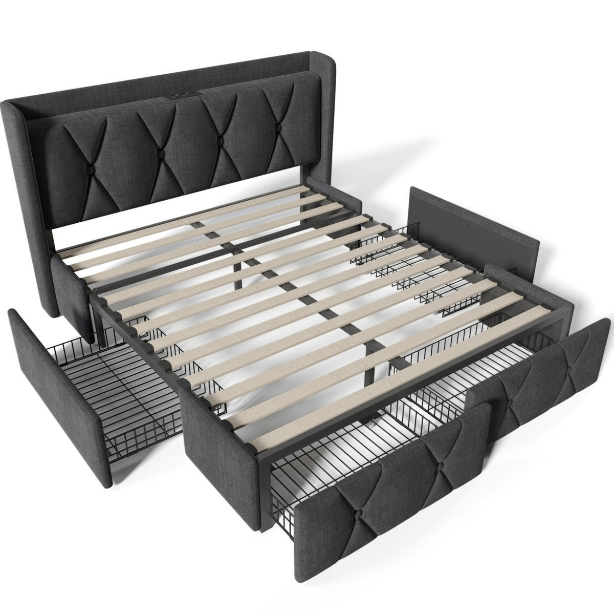 BETT mit USB und 4 Schubladen 160x200 cm Leinen Grau - Grau, Metall (160/200cm) - Meubliv