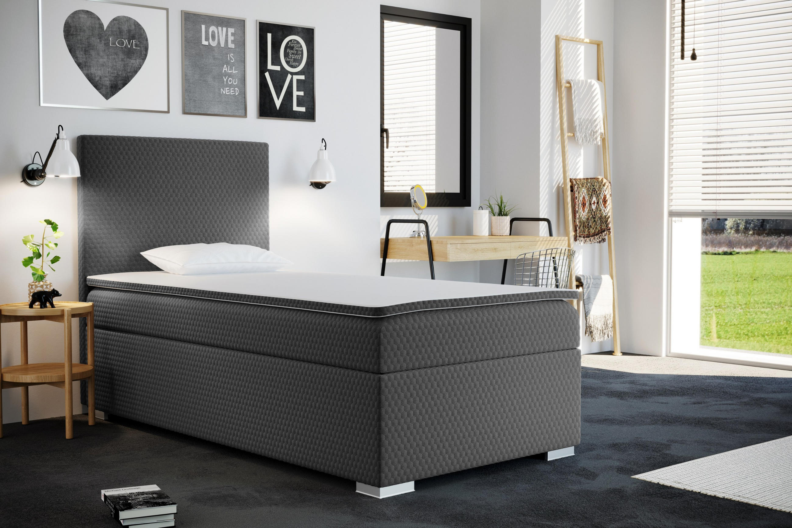 BOXBETT Mit Bettkasten Matratze Topper ICON Grau 100x200 cm Links - Grau, Holz (100/200cm) - Kaiser Möbel