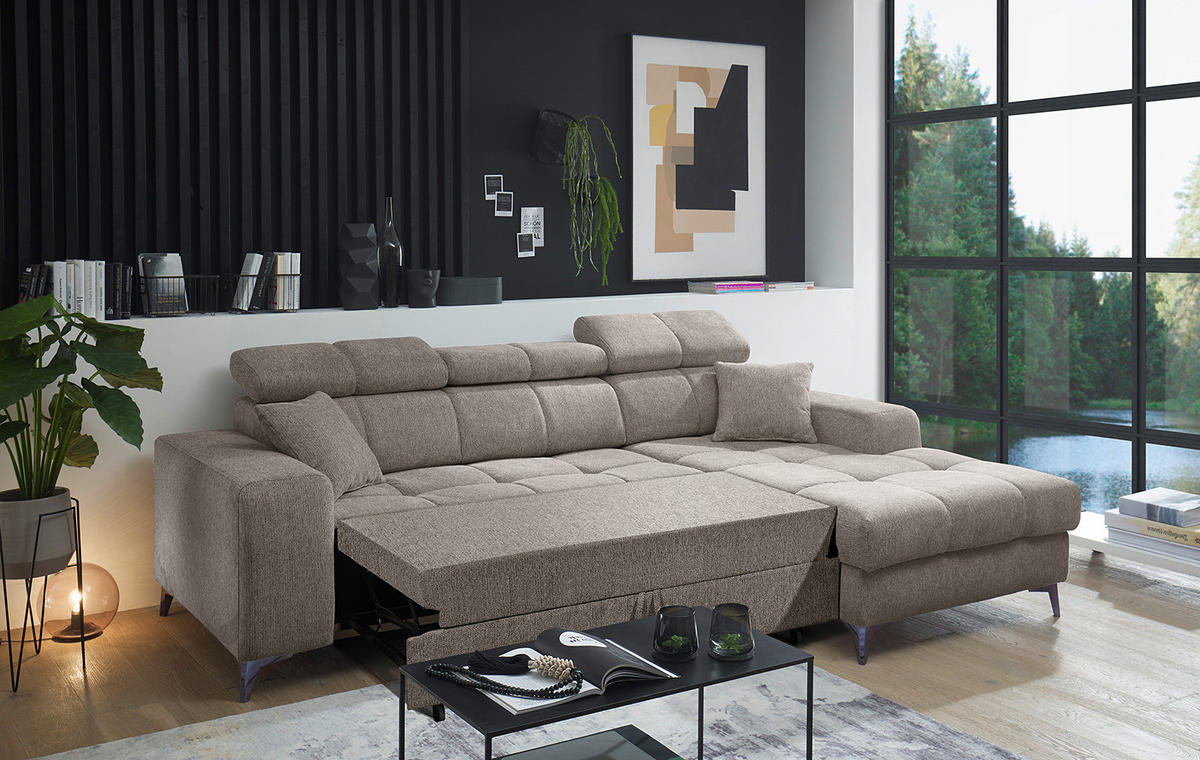 ECKSOFA mit Longchair - Kopfstütze verstellbar, Schlaffunktion, Bettkasten - Taupe/Schwarz, Kunststoff/Textil (268/172cm) - home24