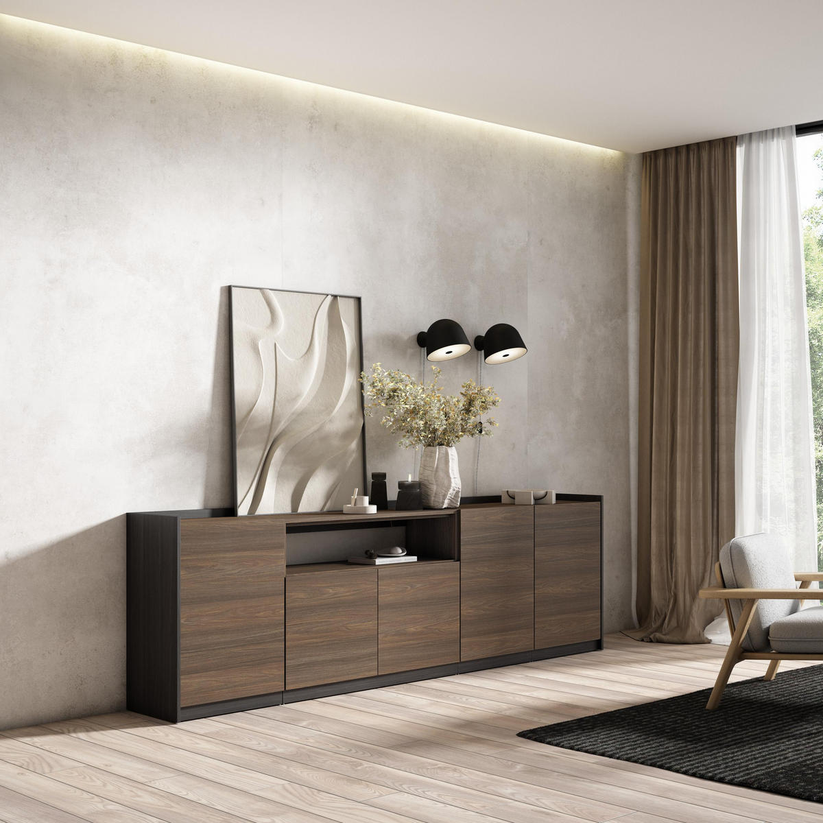 SIDEBOARD, Highboard, Dunkler Eiche und Schwarz, 260/37/80cm - Dunkelbraun, Holzwerkstoff (260/80/37cm) - Skraut Home