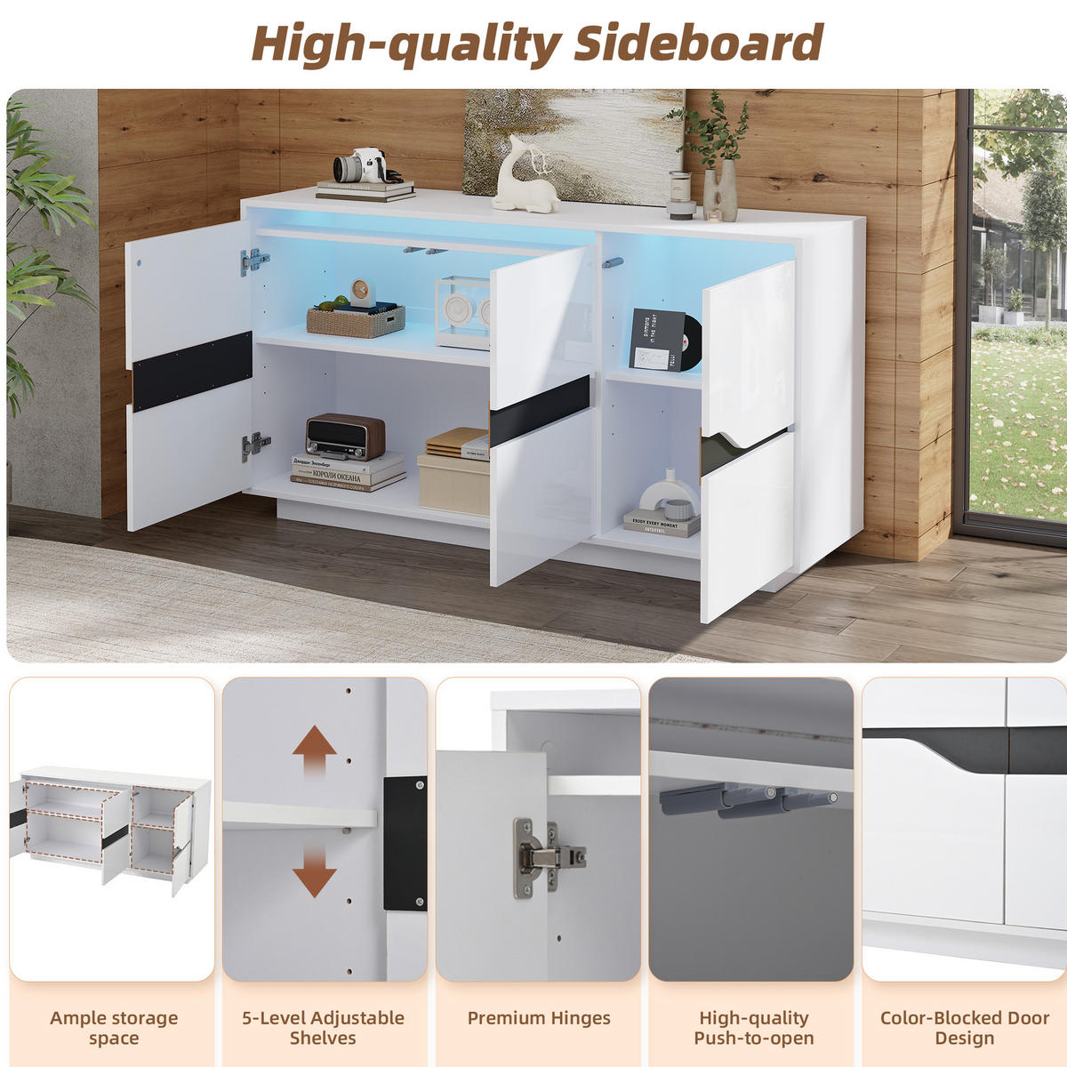 SIDEBOARD aus Spanplatte 140x40x70 cm Weiß/Schwarz mit LED-Beleuchtung, 3 Türen und verstellbaren Einlegeböden - Weiß, Holzwerkstoff (140/70/40cm) - Modfu