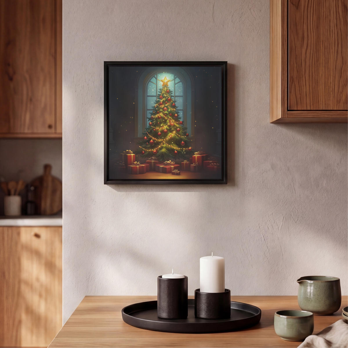 LEINWAND Bilder mit Rahmen - Weihnachtsbaum - Geschenk - Winter - 20x20 - Grün, Textil (20/20cm) - MuchoWow