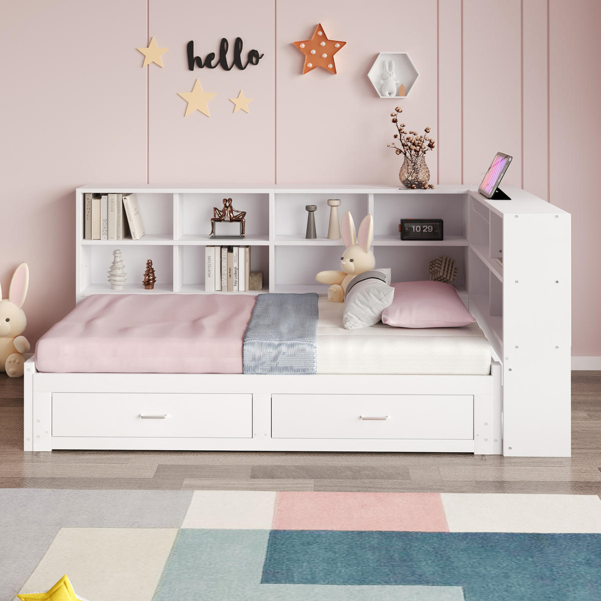 BETT 90/190 cm mit Ausziehbett, Stauraum & Lattenrost in Weiß - Weiß, Holzwerkstoff (90/190cm) - BEAOK
