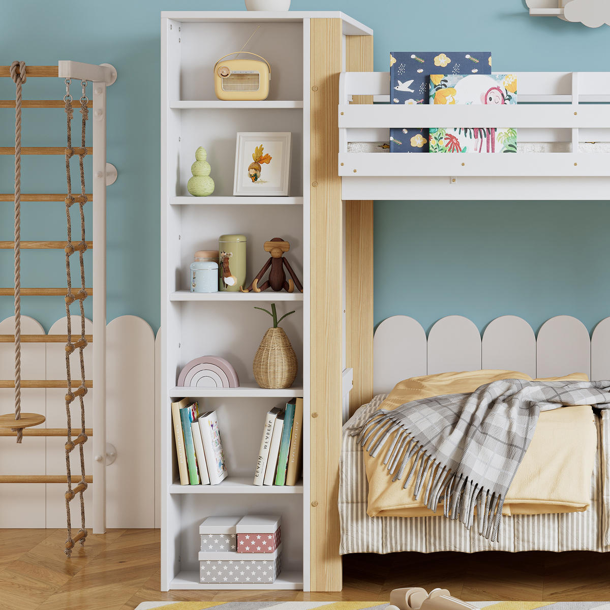 ETAGENBETT 90/200 cm Weiß+Natur mit Fallschutz und Kleiderschrank aus Kiefer und MDF - Weiß, Holzwerkstoff (90/200cm) - OKWISH