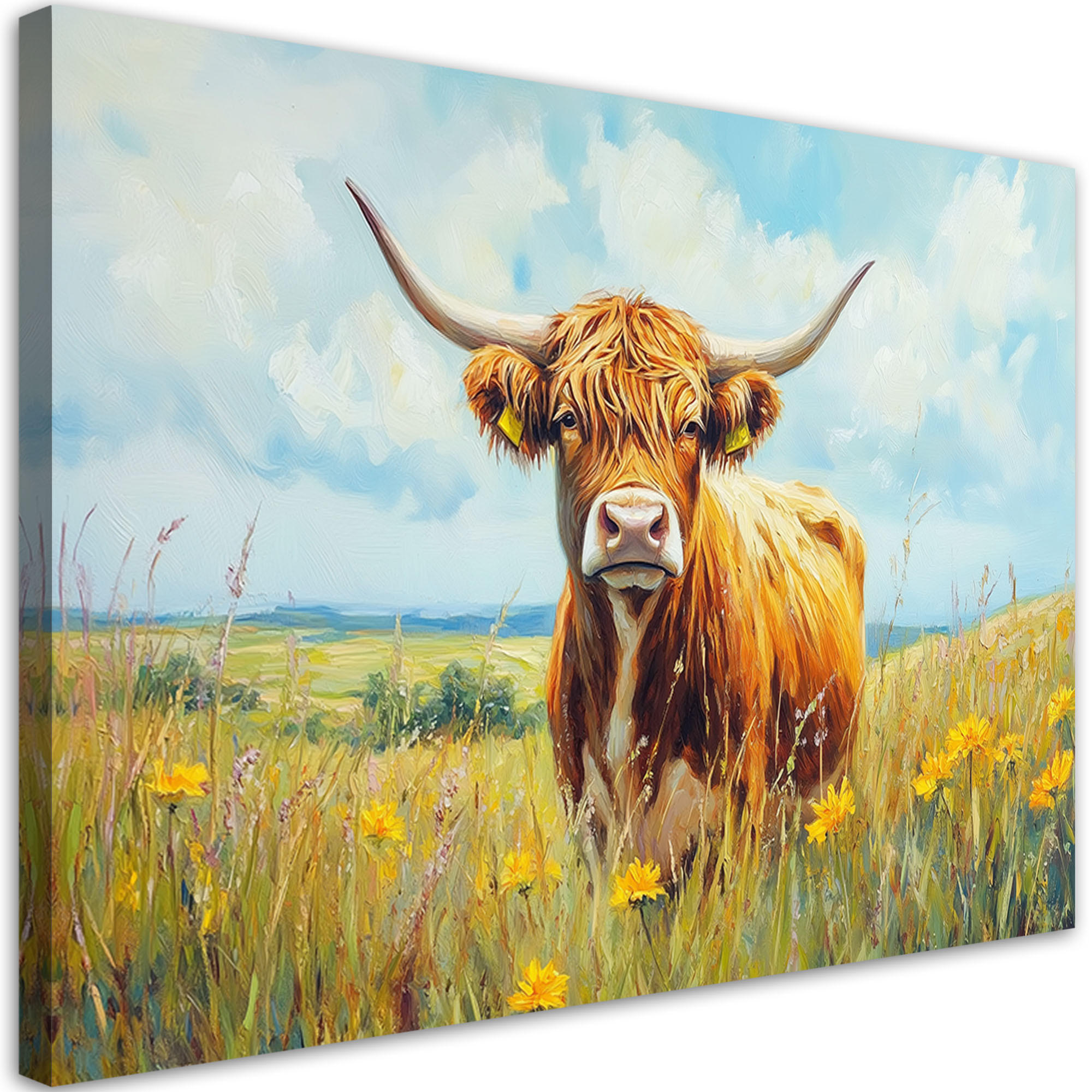 WANDBILD schottische kuhrasse highland meadow flowers - Grün, Textil (60/40cm) - Feeby