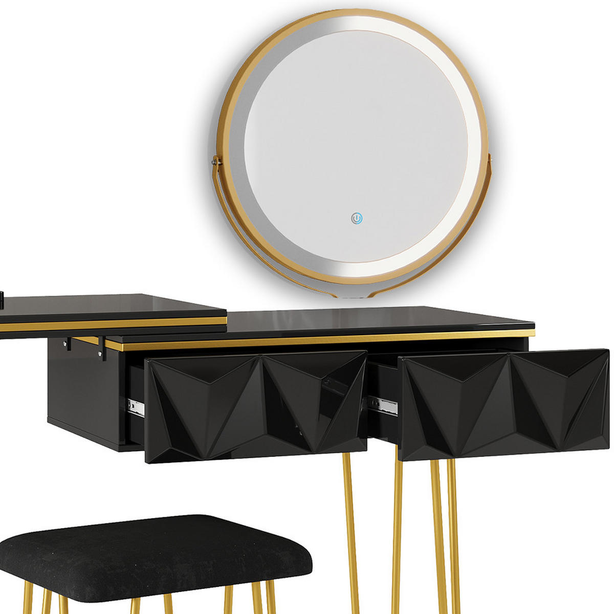 SCHMINKTISCH Bella Schwarz 120 cm mit LED Spiegel und Hocker - Schwarz, Holzwerkstoff (120/76/37cm) - Vicco