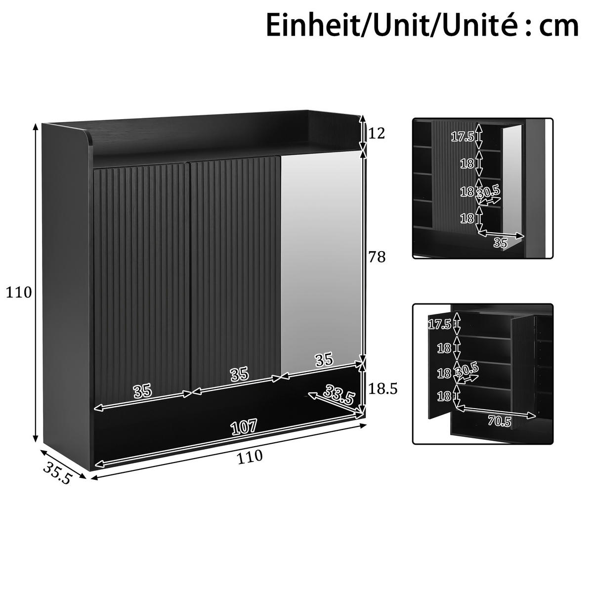 SCHUHSCHRANK aus MDF & Spanplatte 110x35,5x110cm in Schwarz mit Spiegel - Schwarz, Holzwerkstoff (110/110/35.5cm) - Modfu
