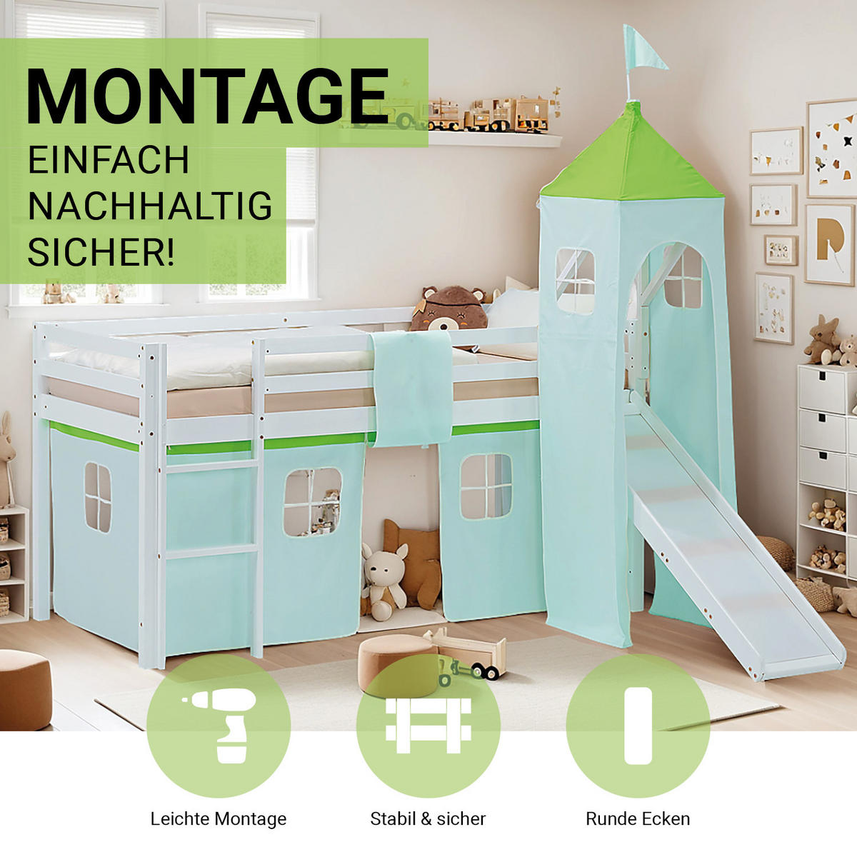 HOCHBETT 90/200 cm in weiß Rutsche Turm Bettvorhang Grün Lattenrost - Weiß/Grün, Holz/Textil (90/200cm) - Homestyle4u