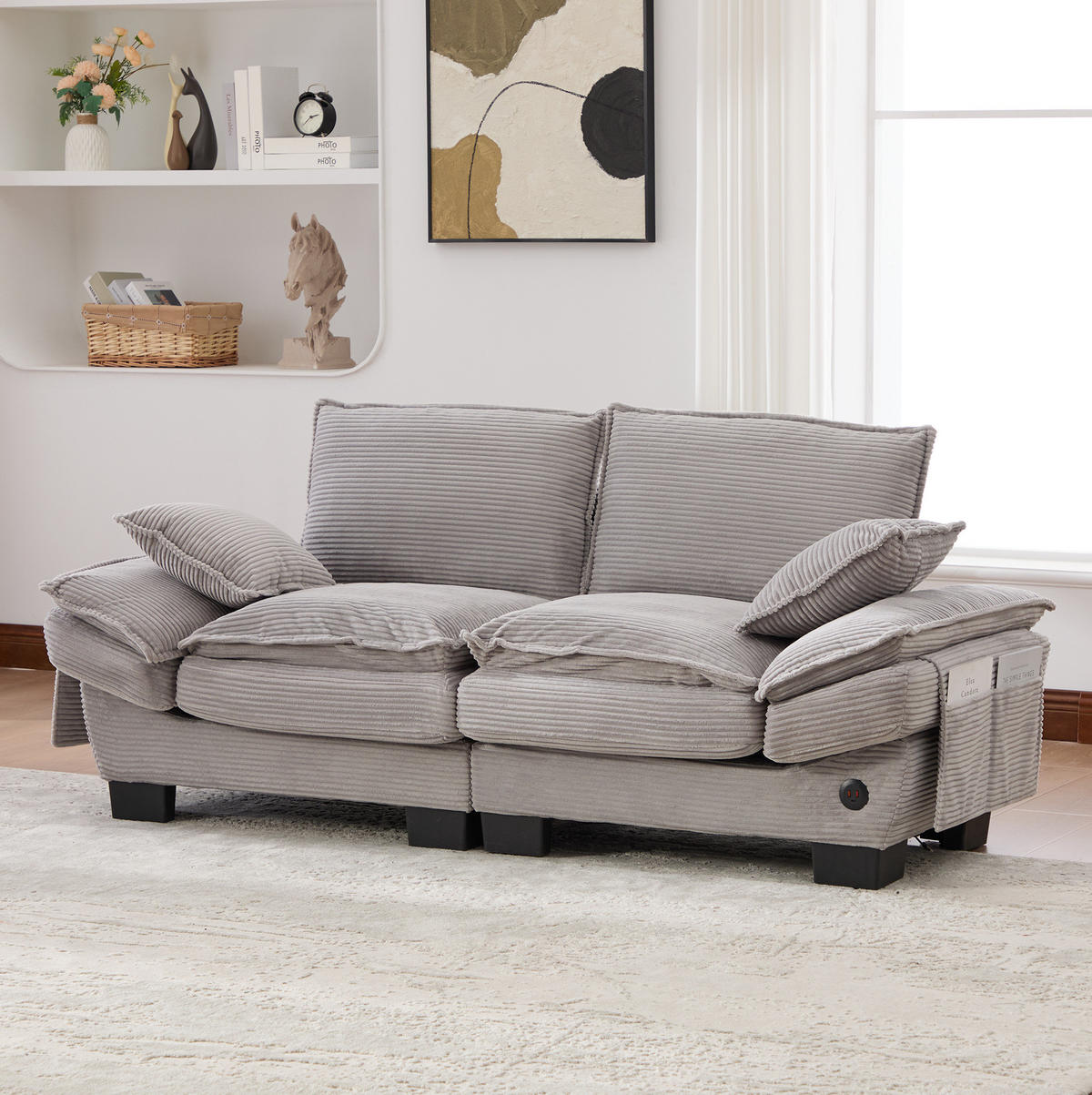 SOFA 2-Sitzer mit USB-C ca. 190 x 73 x 84 cm Cord Hellgrau - Hellgrau, Kunststoff (73/84/190cm) - Meubliv
