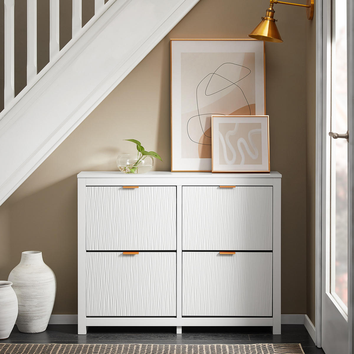 SCHUHSCHRANK Weiß, Schuhkipper mit 4 Klappen, 104x82x23cm - Weiß, Holzwerkstoff/Metall (104/82/23cm) - SoBuy