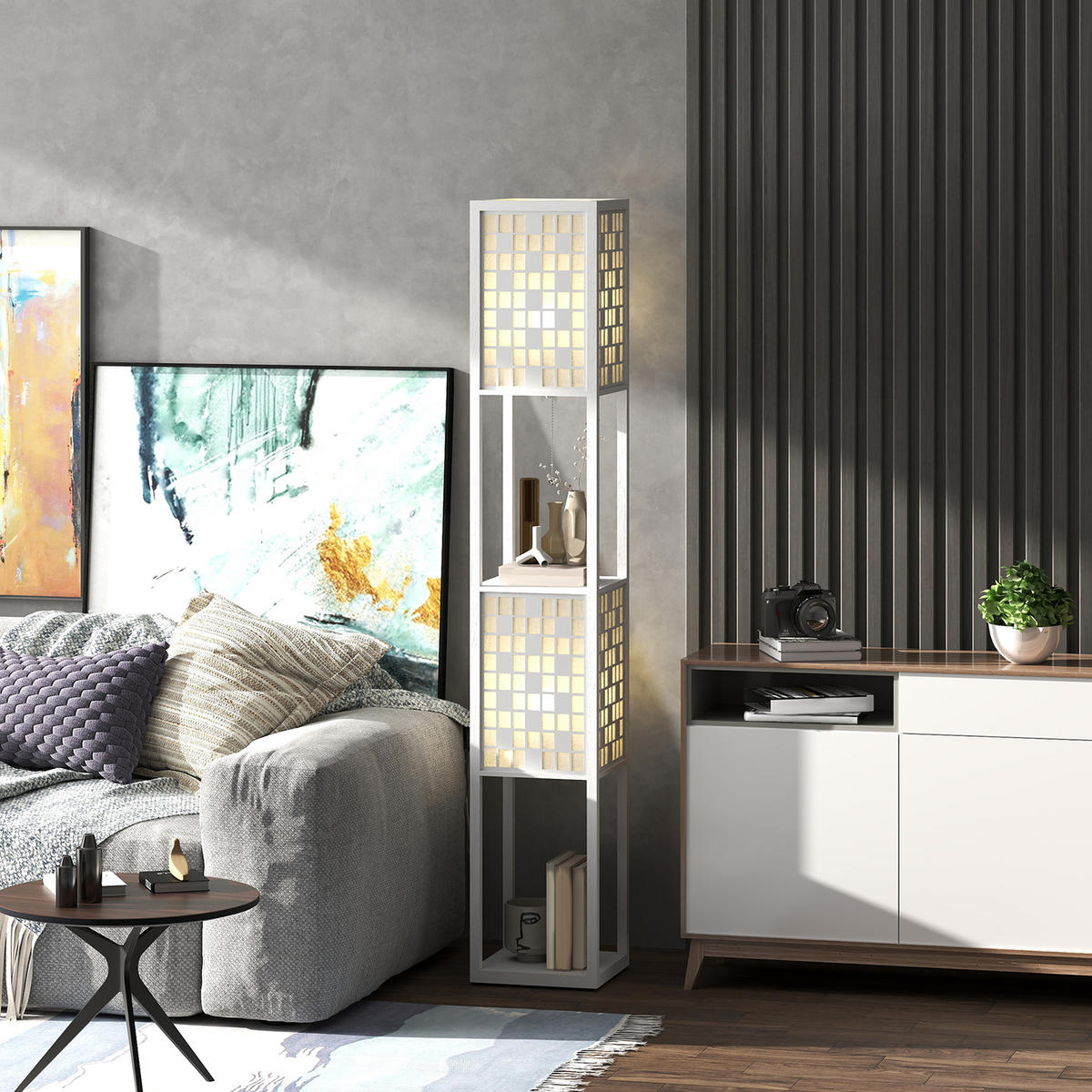 STEHLAMPE, Stehleuchte mit 2 Fächern, E27 Sockel, Gittermustersäule, Weiß - Weiß, Kunststoff (26/26/155.5cm) - HOMCOM