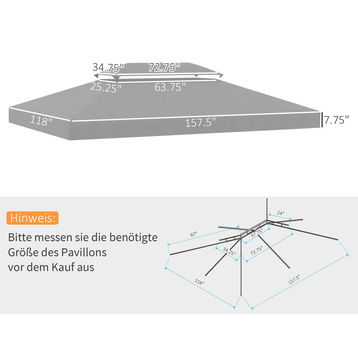 PAVILLON-ERSATZDACH aus Polyester 4x3 m in Hellgrau mit Doppeldach - Hellgrau, Textil (300/20/400cm) - Modfu