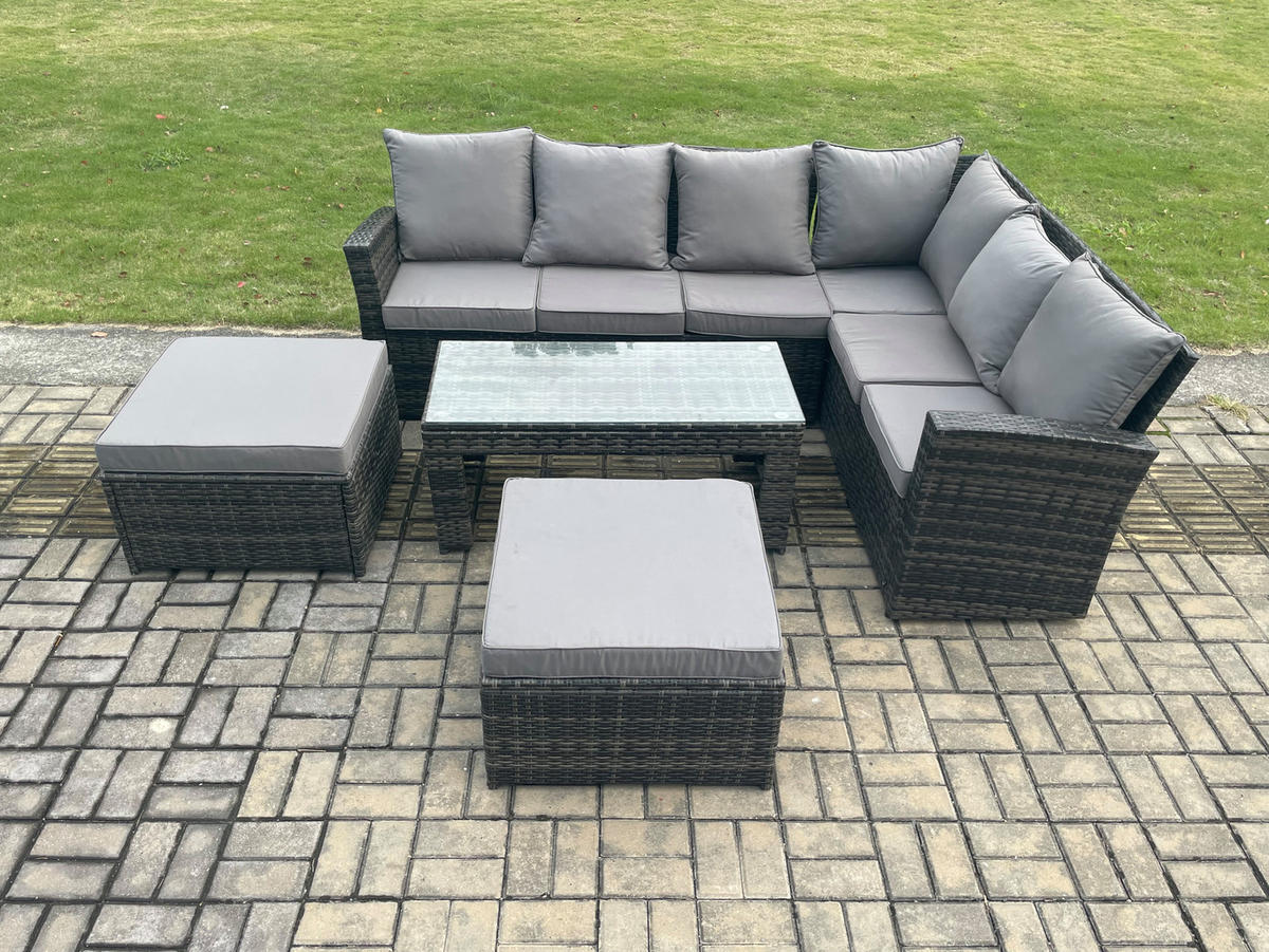 LOUNGEGARNITUR mit Couchtisch Sofa Polyrattan Dunkelgrau 8-Sitzer - Dunkelgrau/Grau, Glas/Kunststoff - Fimous