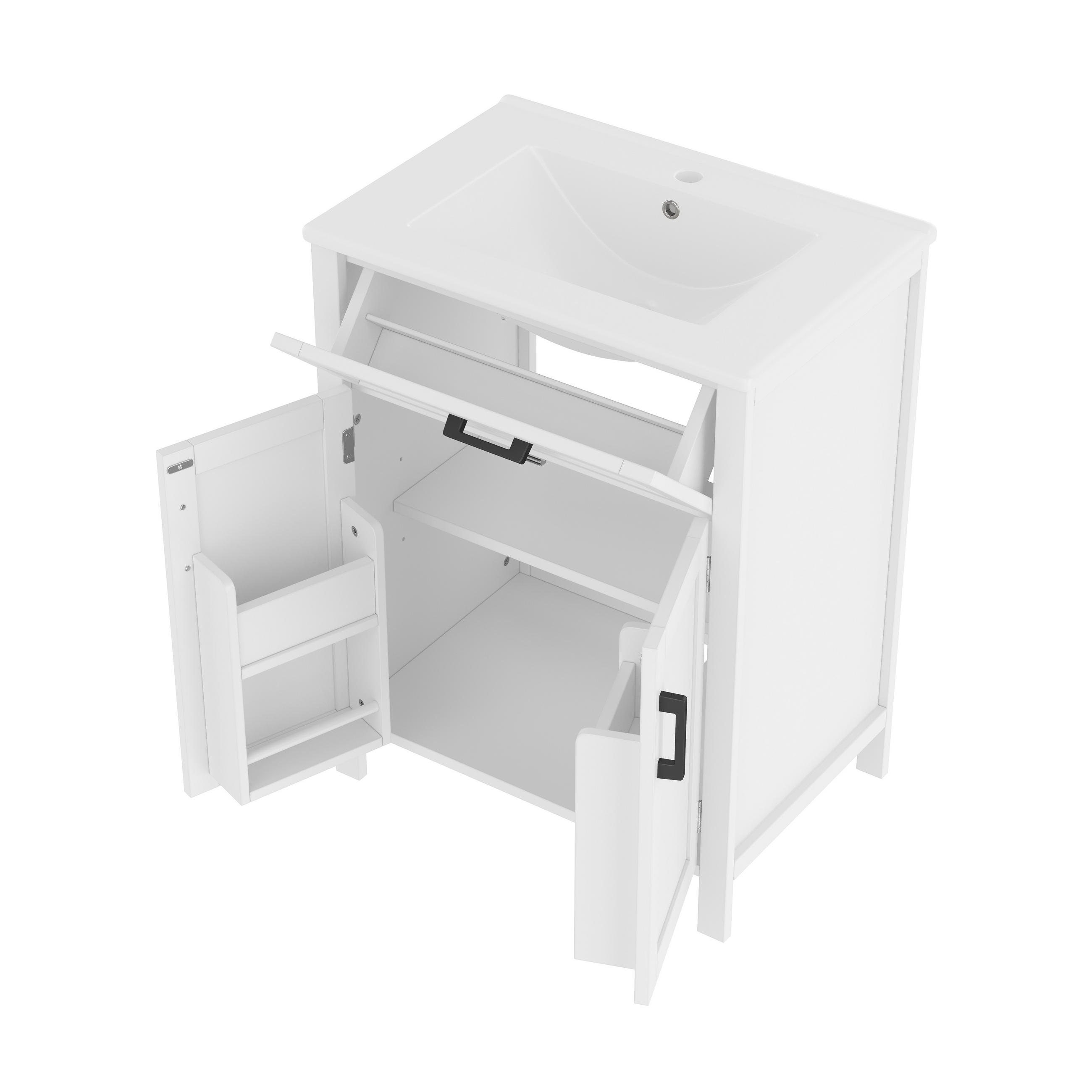 WASCHTISCHKOMBI 60x46x84cm in Weiß mit Keramikbecken & umklappbarer Schublade - Weiß, Holzwerkstoff (60/84/46cm) - Modfu