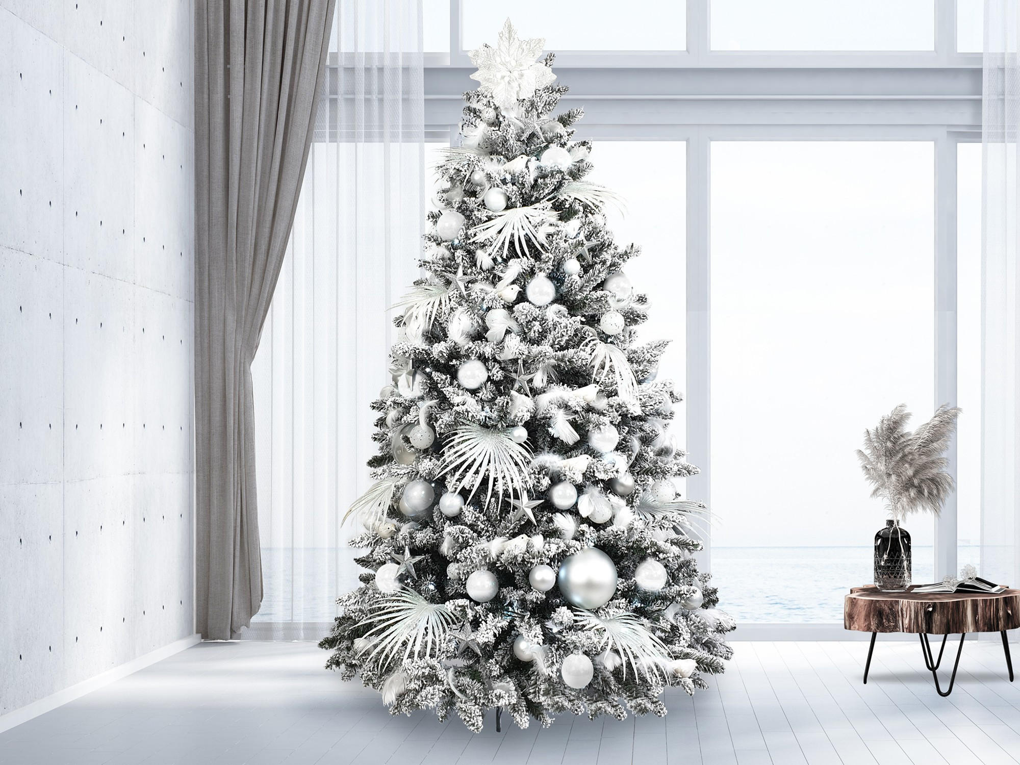 WEIHNACHTSBAUM geschmückt künstlich mit 200 Stk Kugeln POLAR WHITE 300 cm mit Metallständer - Silberfarben/Weiß, Kunststoff (300cm) - LAALU