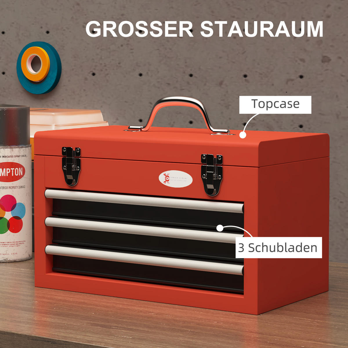 WERKZEUGKISTE leer, 45 x 24 x 27 cm Werkzeugkasten mit 3 Schubladen, Rot - Rot, Metall (45/27/24cm) - DURHAND