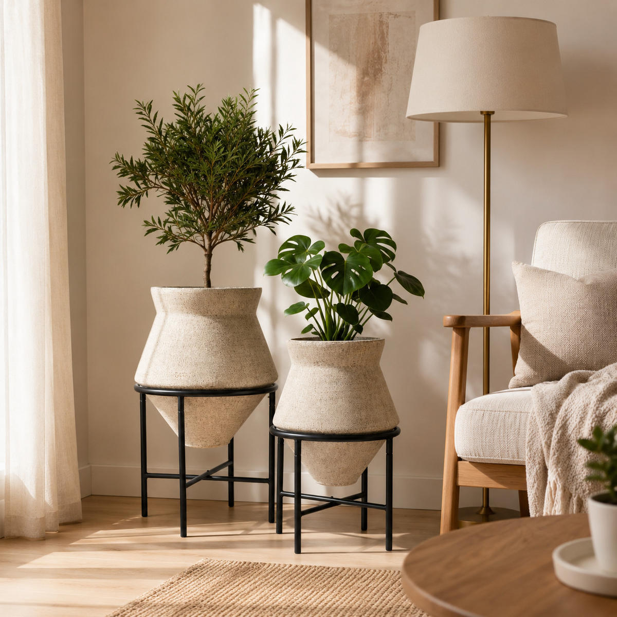 BLUMENTOPF Set 2er aus Eisen, Durchmesser 31& 25cm Für Innenbereich - Beige, Metall (40/62/40cm) - Hometopia