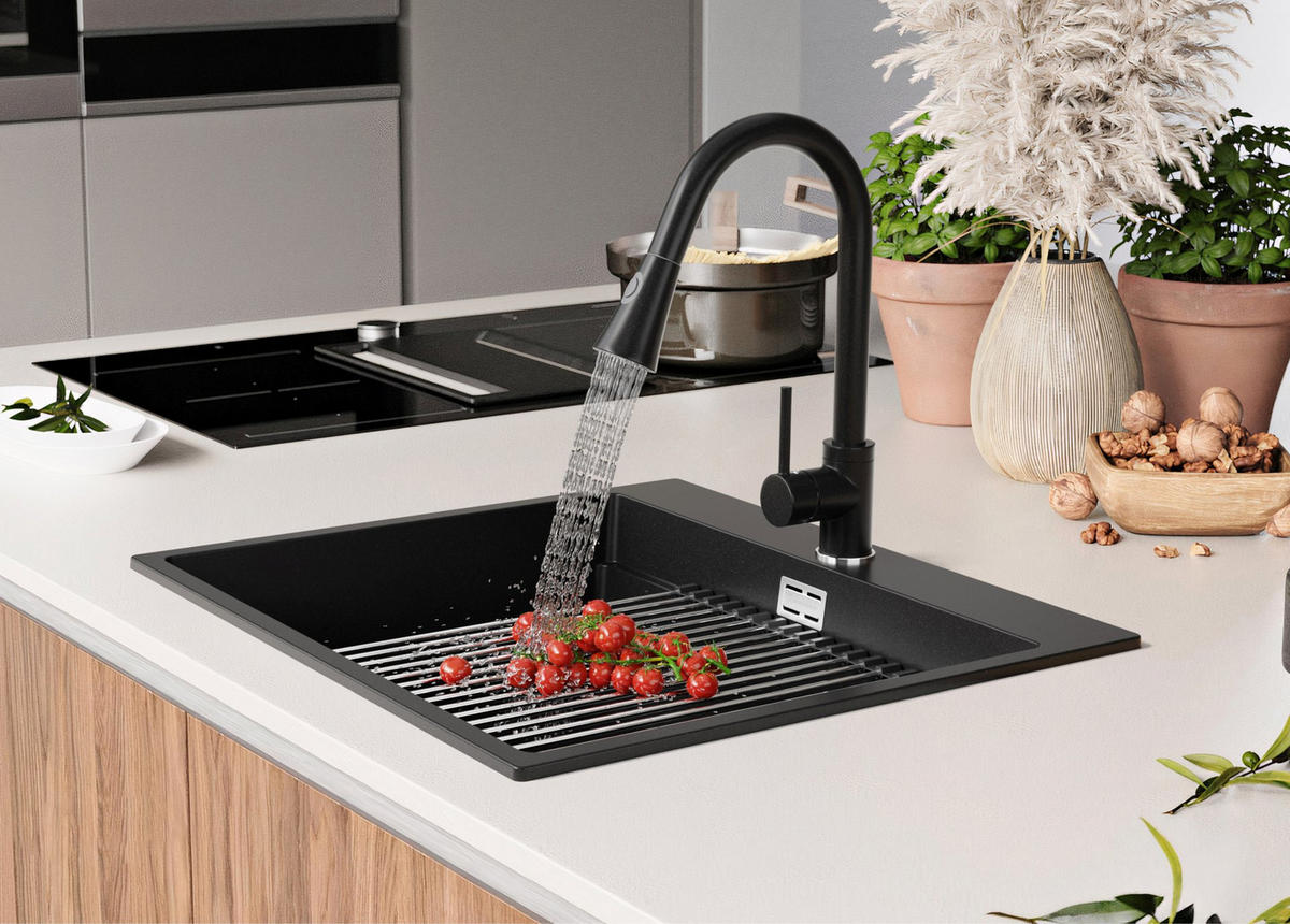 GRANITSPÜLE Oslo Max, 2-er set Alles Schwarz 58/53 cm 1 Becken + Küchenarmatur 32/20 cm + Ablauf-Set + Aufrollbare Abtropffläche ab 60er Unterschrank - Schwarz, Kunststoff (58/20/53cm) - Primagran