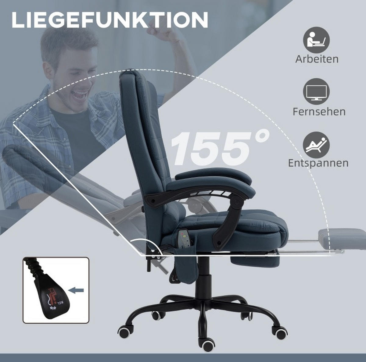 DREHSTUHL 67/67/111-121 cm blau aus Kunstleder mit Massagefunktion und Fußstütze - Blau, Leder (67/121/67cm) - OKWISH