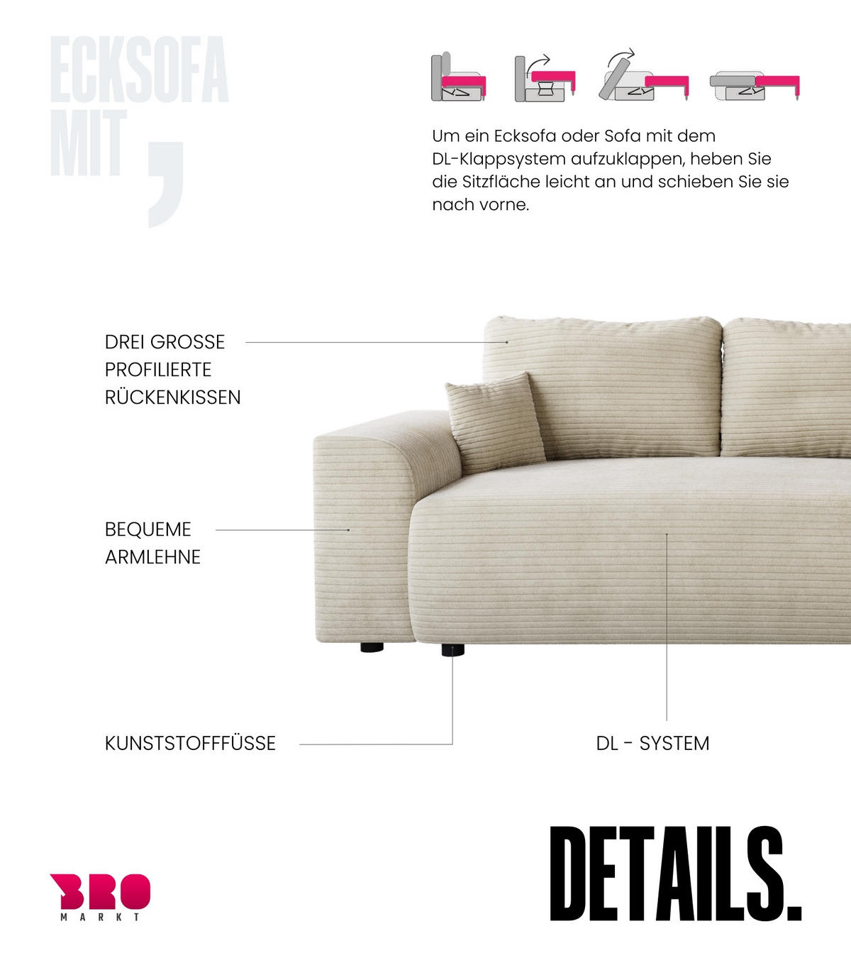 ECKSOFA Romeo mit Schlaffunktion Beige - Beige, Textil (285/185cm) - Bromarkt