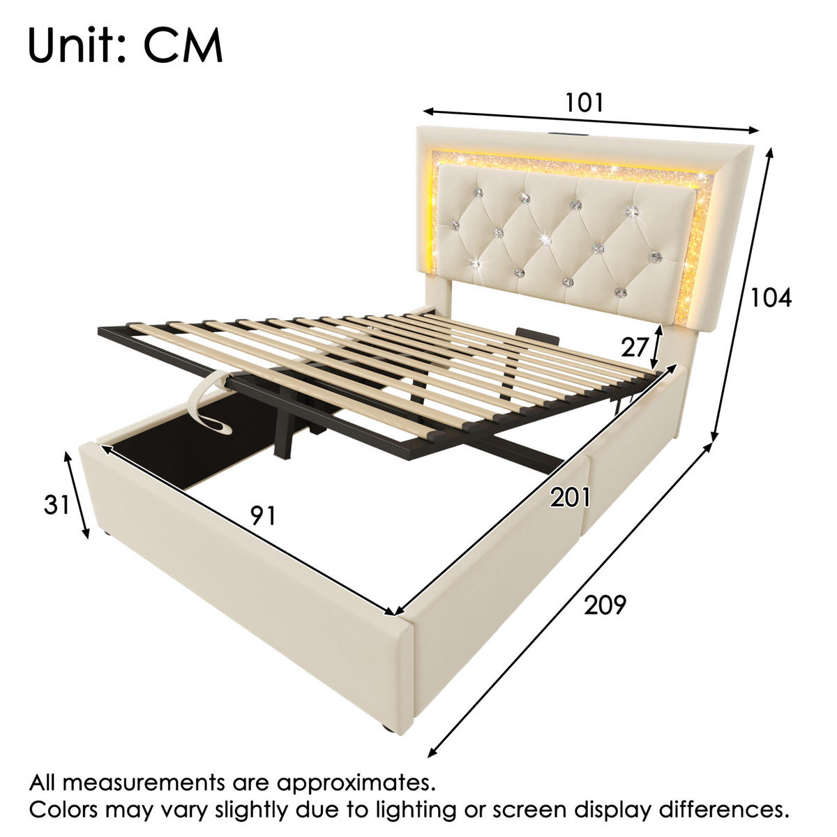 BETT mit LED, USB und Stauraum 90x200 cm Samt Beige - Beige, Metall (90/200cm) - Meubliv