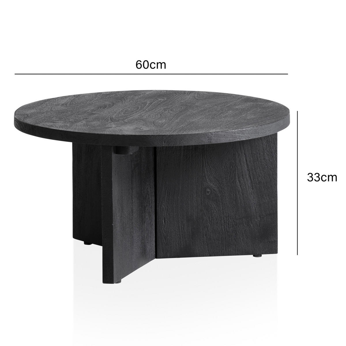COUCHTISCH rund in Schwarz, aus Massivholz Mango, 60x60x33cm, Dreibein-Design, mit Naturholzmaserung - Schwarz, Holz (60/60/33cm) - KADIMA DESIGN