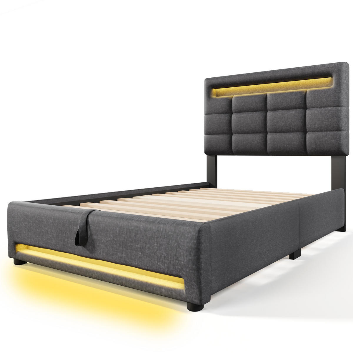 POLSTERBETT 90/200 cm in Grau mit Bettkasten, LED und USB aus Leinen - Grau, Holzwerkstoff/Textil (90/200cm) - STILVORA