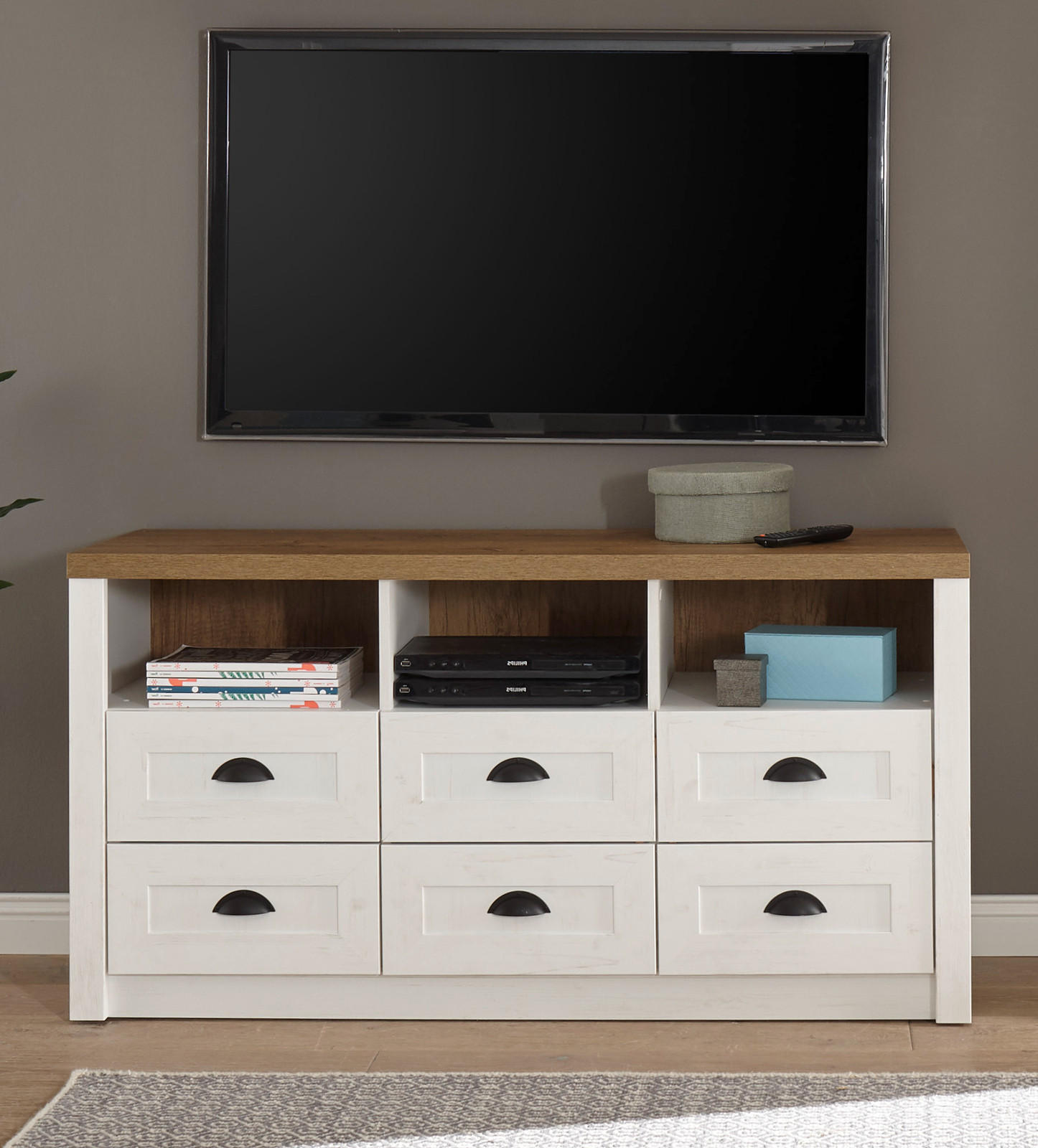 TV-LOWBOARD weiß Pinie, Eiche hell Landhaus, TV Unterteil mit Komforthöhe - Eichefarben/Weiß, Holzwerkstoff/Metall (130/68/43cm) - Furn.Design