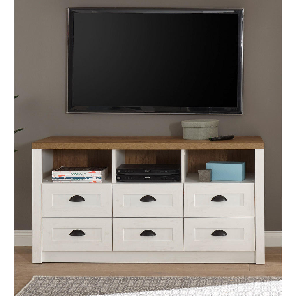 Thumbnail - Furn.Design Tv-Lowboard, Weiß, Eiche, Metall, Nachbildung,Pinie, 1 Fächer, 6 Schubladen, Sockel, 130x68x43 cm, FSC 100%,...