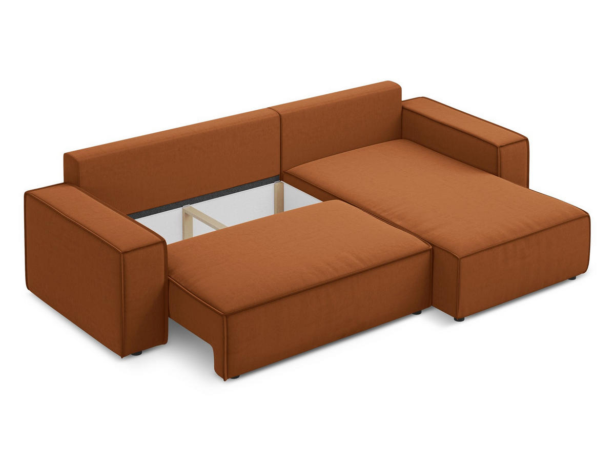 ECKSOFA mit Schlaffunktion Samt Stoff Orange - Terra cotta/Schwarz, Kunststoff/Textil (290/185cm) - Makamii