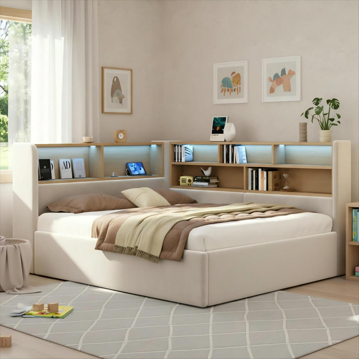 DAYBETT 140x200 cm Beige Samt mit LED und USB - Beige, Textil (140/200cm) - FLIEKS