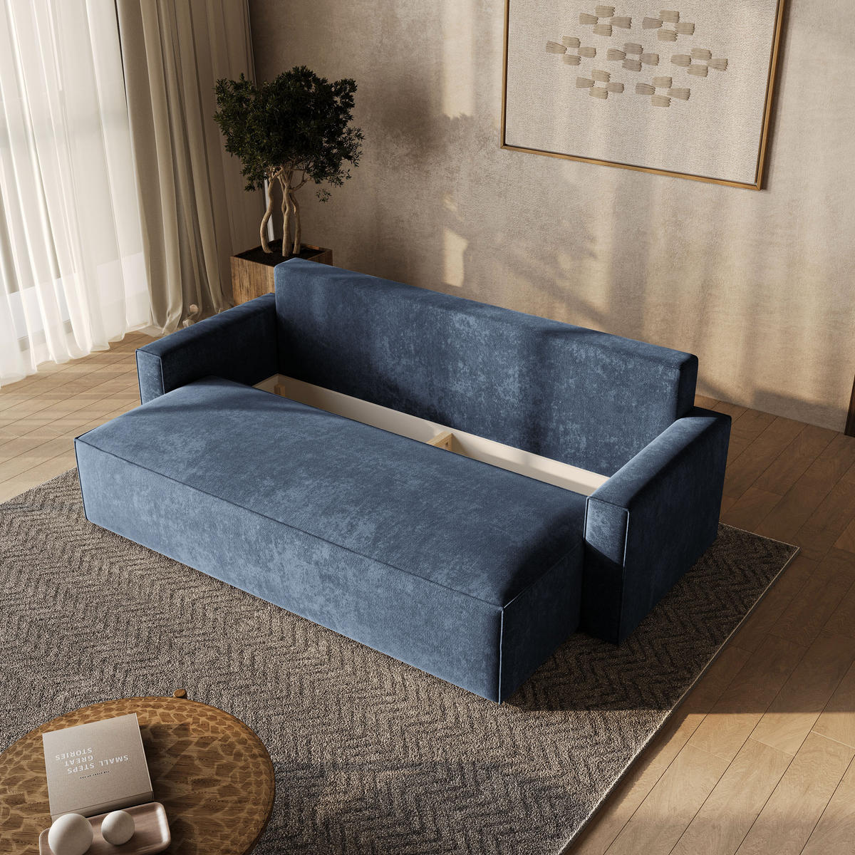 BETTSOFA MENI LM Blau Chenille-Stoff mit Schlaffunktion - Blau, Textil (232/85/87cm) - MASSENO