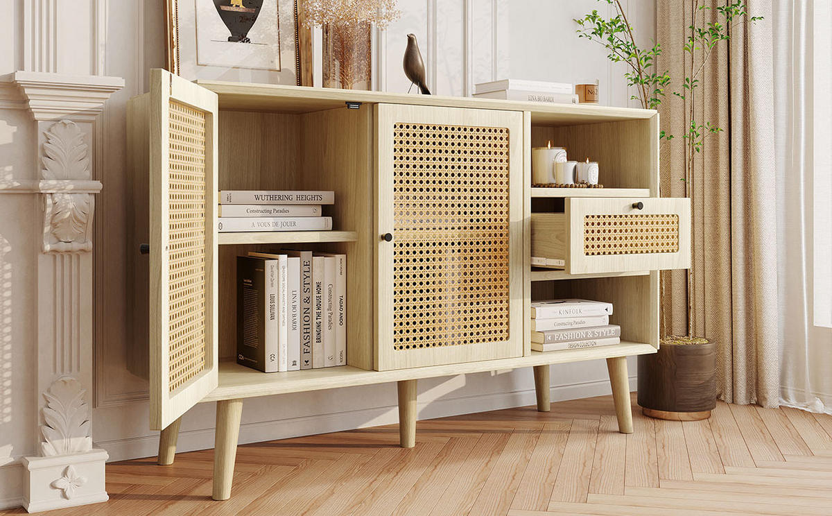 SIDEBOARD 120/40/80 cm, Eiche-Optik mit Rattan-Details, 1 Schublade und 2 magnetische Türen, verstellbare Einlegeböden, Eiche - Eichefarben, Holzwerkstoff (120/80/40cm) - Redom