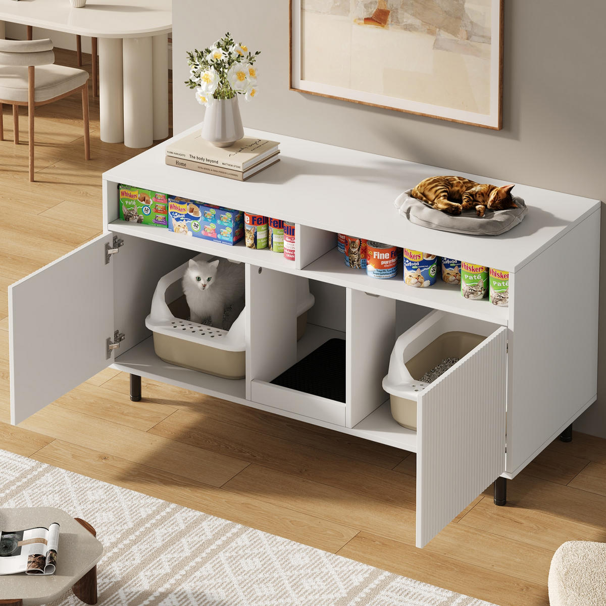 SIDEBOARD Weiß aus MDF 120×50×66cm als Katzentoiletten-Schrank mit Sandauffangmatte und Ablagefächern - Weiß, Holzwerkstoff (50/66/120cm) - Luhomfu